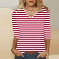 thumbnail image 2 of gbyLJF Womens Shirts 2024 Fall Trendy Stripes Print 3/4 Sleeve Blouses Loose Comfy Cotton V Neck Casual Tunic Tops A02_Pink 3XL, 2 of 5
