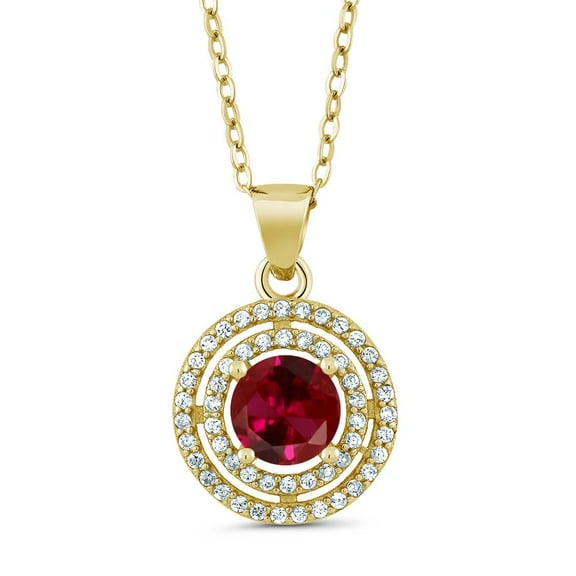 Gem Stone King 1.64 Ct Round Red Created Ruby 18K Yellow Gold Plated Silver Pendant