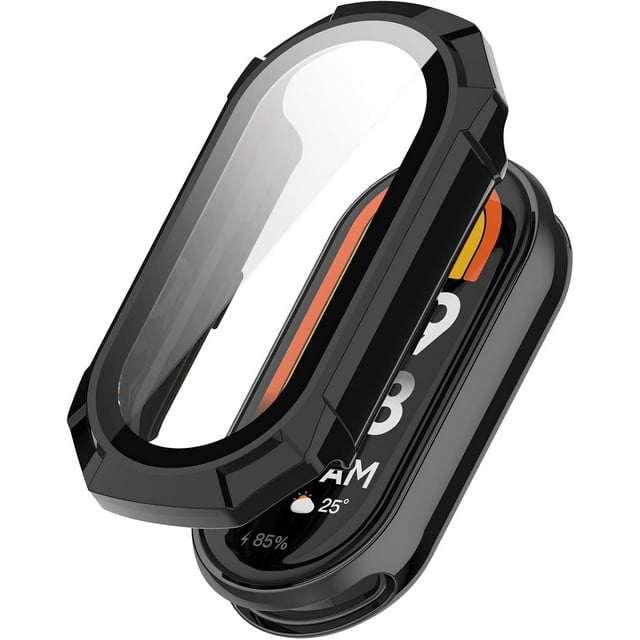 KOMI 2 Pack Compatible with Xiaomi Mi Band 8 Screen Protector with Tempered Glass Hard PC Case Cover Anti-Scratch All-Around Protective Cases for Xiaomi Smart Band 8 Fitness Tracker, Black