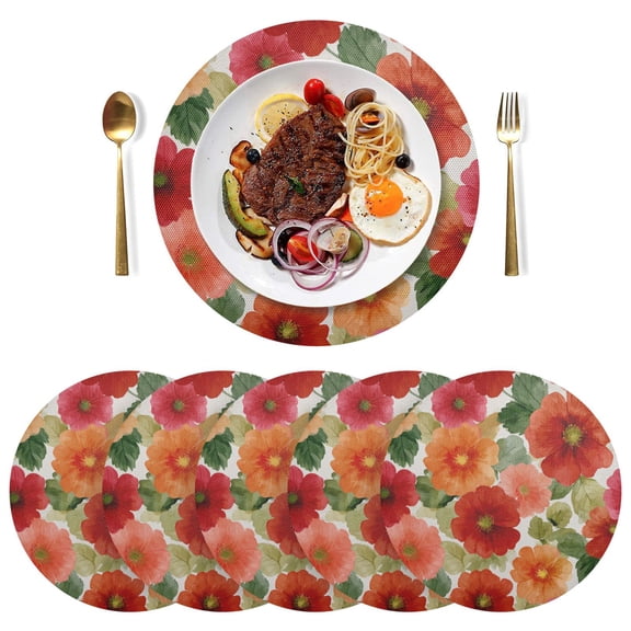 Round Placemats Plate Mats 15 Inch Non-Slip Heat Resistant Washable PVC Set Table Decoration for Kitchen Dining Red and Orange Flowers