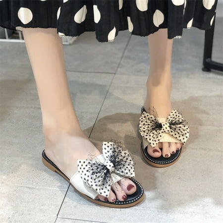

〖Yilirongyumm〗 White 40 Sandals Women Fashion Summer Women Slippers Bow Ribbon Polka Dot Flat Lightweight Casual Beach