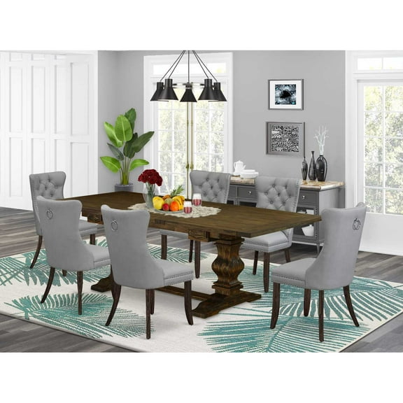 7 Piece Dining Set - Rectangle Wood Table with 6 Upholstered Chairs