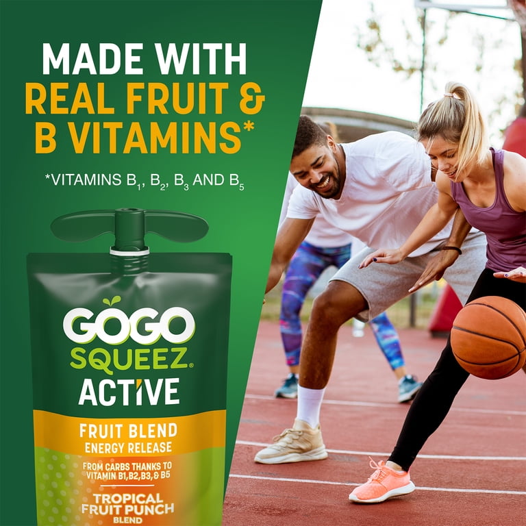 GoGo squeeZ Active Energy Tropical Fruit Blend Pouches, No Sugar