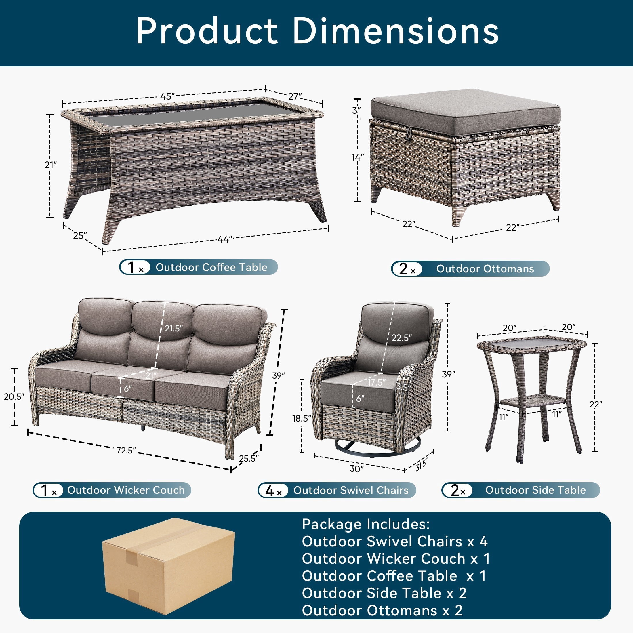 Unnifurnzi 10 Pieces Wicker Outdoor Furniture-Outdoor Swivel Chairs Set of 4 with 6 Inch Thick Cushions Outdoor Couch with Outdoor Ottoman Patio Furniture Set for Deck Porch Poolside-Gray/Gray