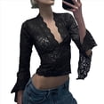 thumbnail image 1 of Top Corto Ajustado de Encaje con Escote en V Profundo y Larga para Mujer Negro L, 1 of 8