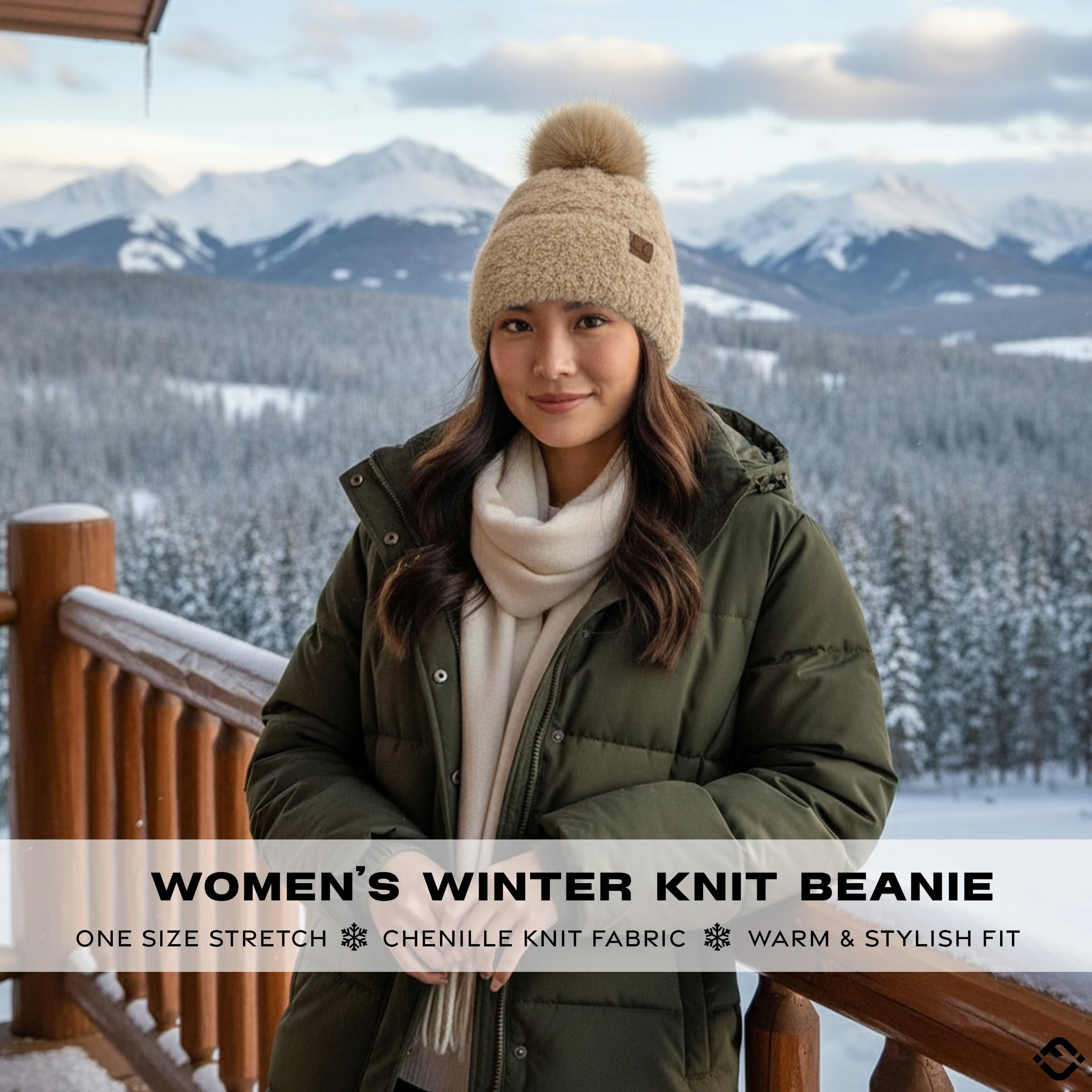 Funky Junque Beanie for Women Ultra Soft Chenille Faux Fur Pom Pom Winter Hats Warm Ski Cap Fashion - Beige