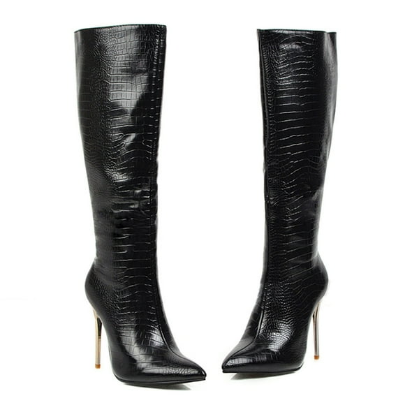 QTBIUQ Women Super High Heel Pointed Shoes Winter Leopard Print Snake Pattern Stilettos Knee-High Boots