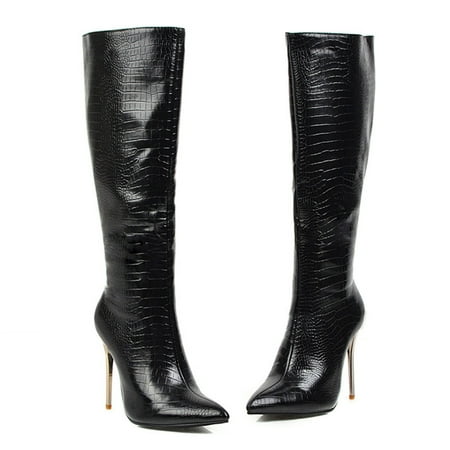 

UTTOASFAY Women S Boots Clearance Women Super High Heel Pointed Shoes Winter Leopard Print Snake Pattern Stilettos Knee-High Sexy Boots Flash Picks
