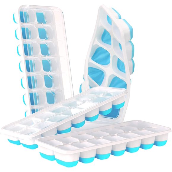 Bacs à Glaçons DOQAUS 4 Pack, Silicone Facile à Retirer et Bacs à Glaçons Souples 14-Glaçons avec Couvercle Amovible Anti-Déversement, Certifiés LFGB et Sans BPA, pour Cocktail, Congélateur, Bacs à Glace Empilables avec Couvercles