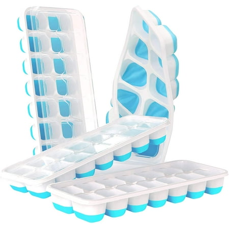 

4 Pack Ice Cube Trays Easy-Release Silicone & Flexible 14-Ice Cube Trays with Spill-Resistant Removable Lid LFGB Certified and BPA Free for Cocktail Freezer Stackable Ice Trays with Covers