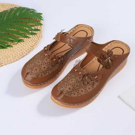 

HIBRO Women s Fashion Vintage Flower Wedge Sandals Slippers Ladies Slip On Shoes