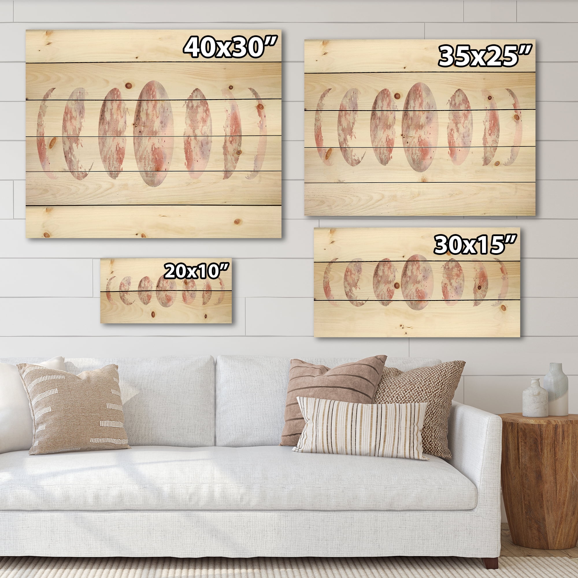 Designart 'Moon Phases On White' Modern Print on Natural Pine Wood
