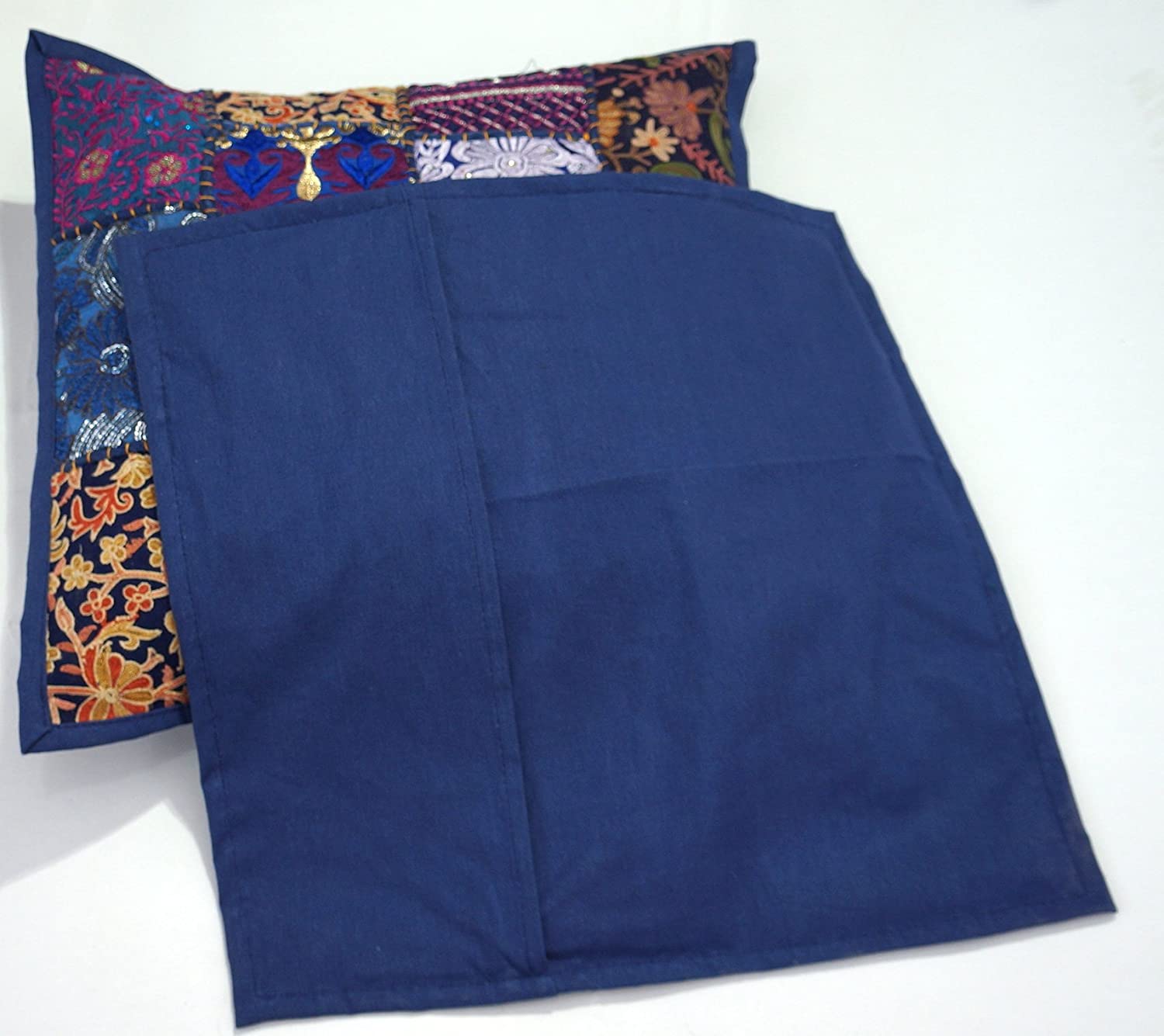 Indian Bohemian Decorative Sofa Throw Pillow Cover 16 Inch Cotton Patchwork Geometric Indian Square Couch Cushion Cover (Size - 40x40 cm ; Color: Blue )