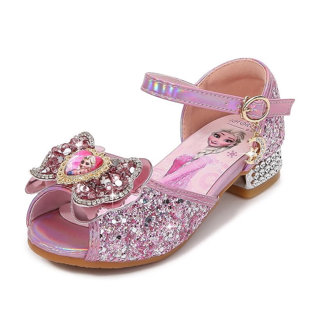 Zapatos de tacón alto para niñas de Disney, novedad de primavera, zapatos de cristal de princesa frozen elsa para niños, zapatos de actuación para niños, plantilla de 25 cm de 16,5 cm Gao Jinjia LED