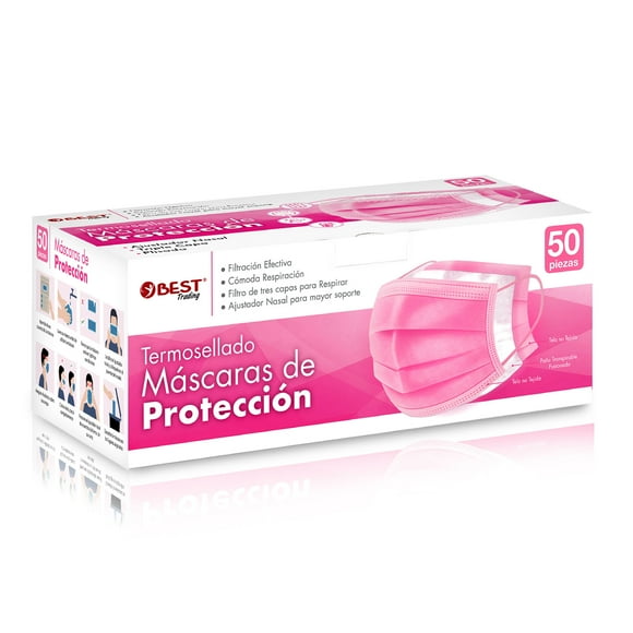 Best Trading Cubrebocas Rosa 50 piezas, Mascarilla Desechable Termosellado Tricapa, Tapabocas con Ajustador Nasal Oculto y Tecnología Ligera de Filtrado Efectivo
