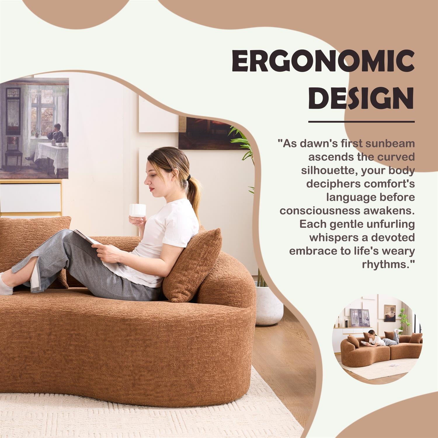 Demi Bonn 110"L Modular Sectional Sofa with Full Compression Sponge, Curved Design, High-Density Chenille Sleeper Couch for Living Room, 800 lbs Capacity, Beige