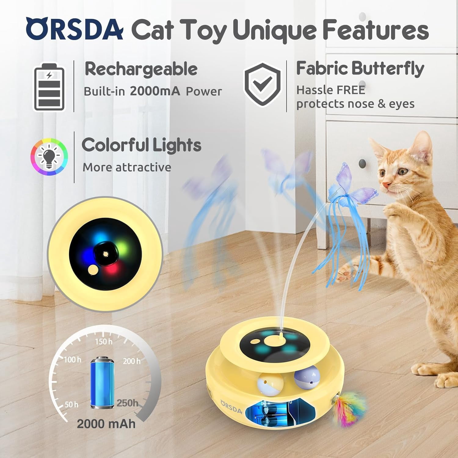 ORSDA 3-in-1 Cat Toys Rechargeable, Interactive Cat Toys for Indoor Cats Automatic Kitten Toy, Moving Ambush Feather, Fluttering Butterfly Toy, Track Balls, Whack a mole Cat Teaser with 9 Attachments