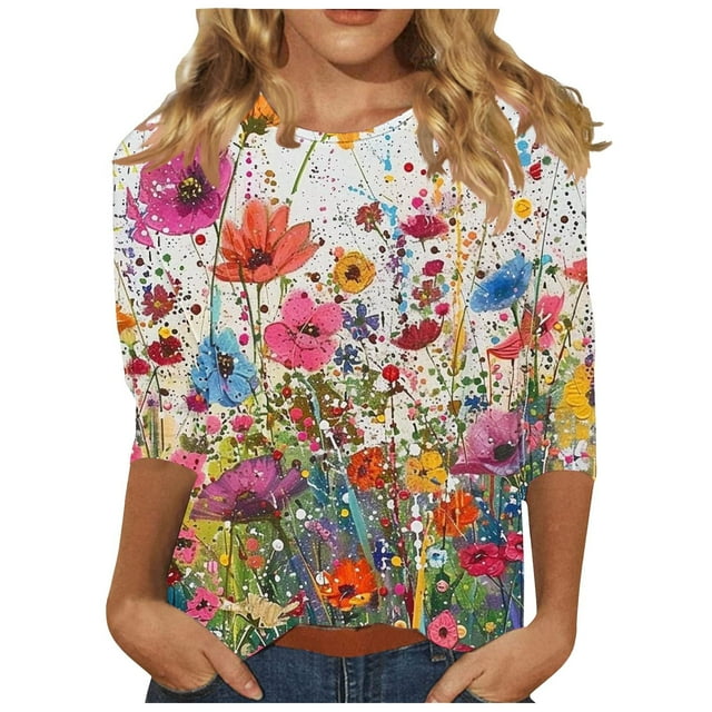 Tnhcen Hauts Basiques à Manches 3/4 Col Rond Imprimé Floral d'Automne pour Femmes - Grande Taille Chemises Amicales d'Automne P-3TG