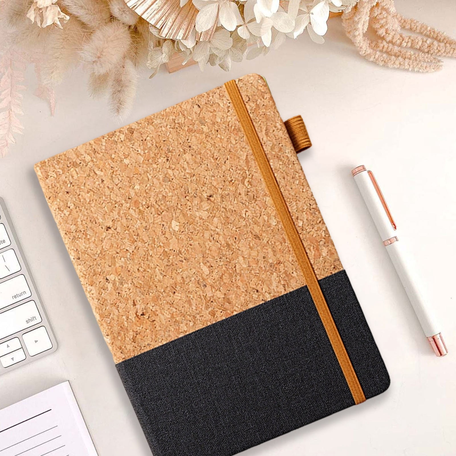 VKLU 1Pc Black 8.5" x 5.7" Cork and Faux Leather Patchwork Journal, Professional Hardcover Notebook with Elastic Band