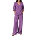 thumbnail image 2 of sdhkgrrt Women's Plus Size 2 Piece Pajama Outfit Striped V Neck 3/4 Sleeve Blouse Wide Leg Pants Casual Boho Lounge Set Loose Matching Travel Daily Tracksuits, Purple XL, 2 of 6