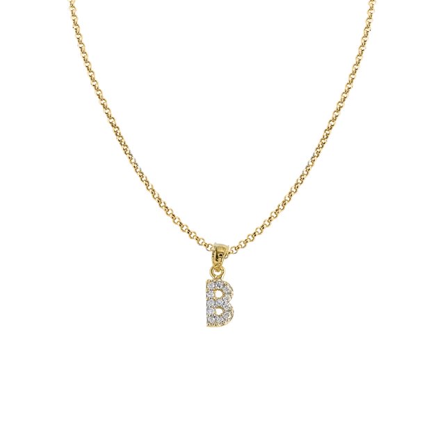 14k Yellow Gold Cubic Zirconia Initial Letter 'B' Pendant with 1.2mm Rolo chain