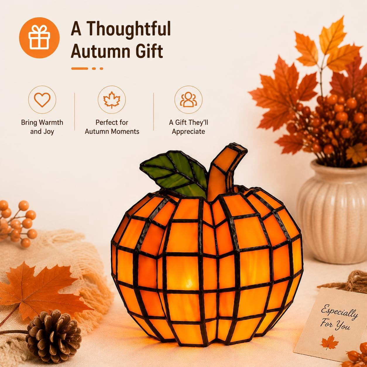 Stained Glass Pumpkin Lamp,Halloween Light with Warm Glow,Table Fall Decor
