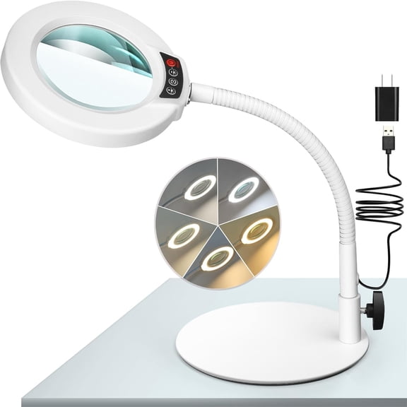 Magnifying Glass with Light and Stand, 5 Color Modes Stepless Dimmable LED Lighted Desk Lamp, Hands Free Flexible Gooseneck Magnifier with Light for Craft Hobby Painting Close Work