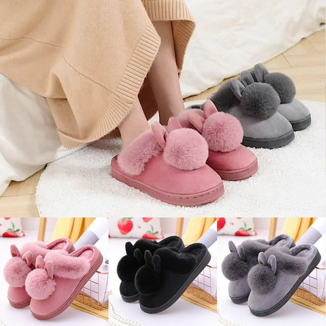 1 Pair Candy Color Anti-skid Cotton Slippers Thick Bottom Women Slip-on Rabbit Ear Flat House Slippers for Daily Life