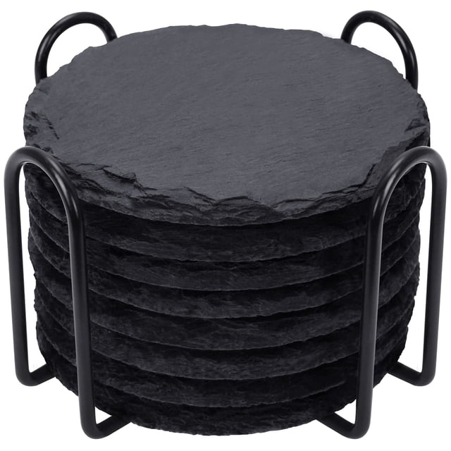 Juego de 8 unidades para bebidas Coasters GOH DODD Slate con soporte de metal