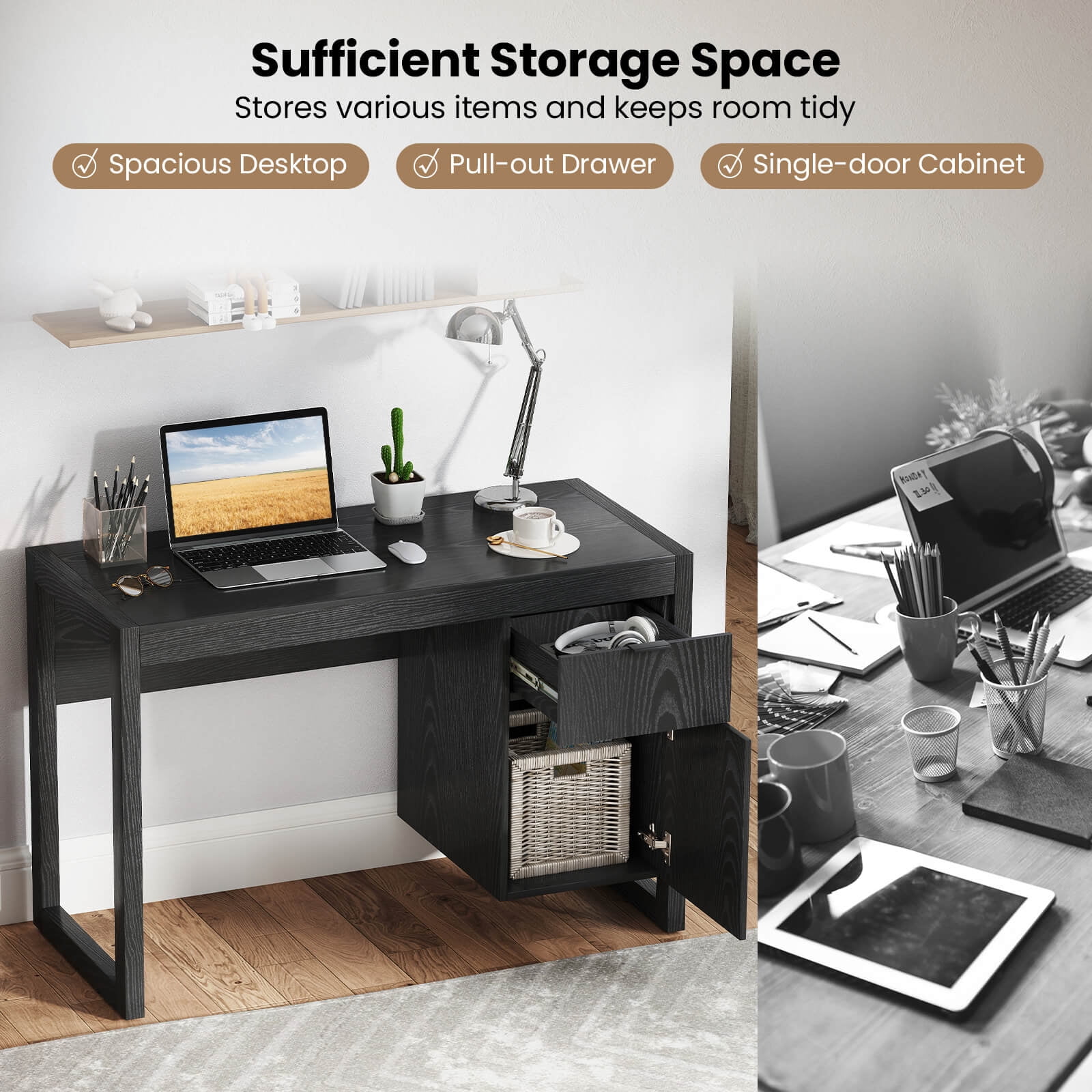 Costway Computer Desk with Storage Cabinet Pull-out Drawer Stable Thick Legs for Bedroom Black