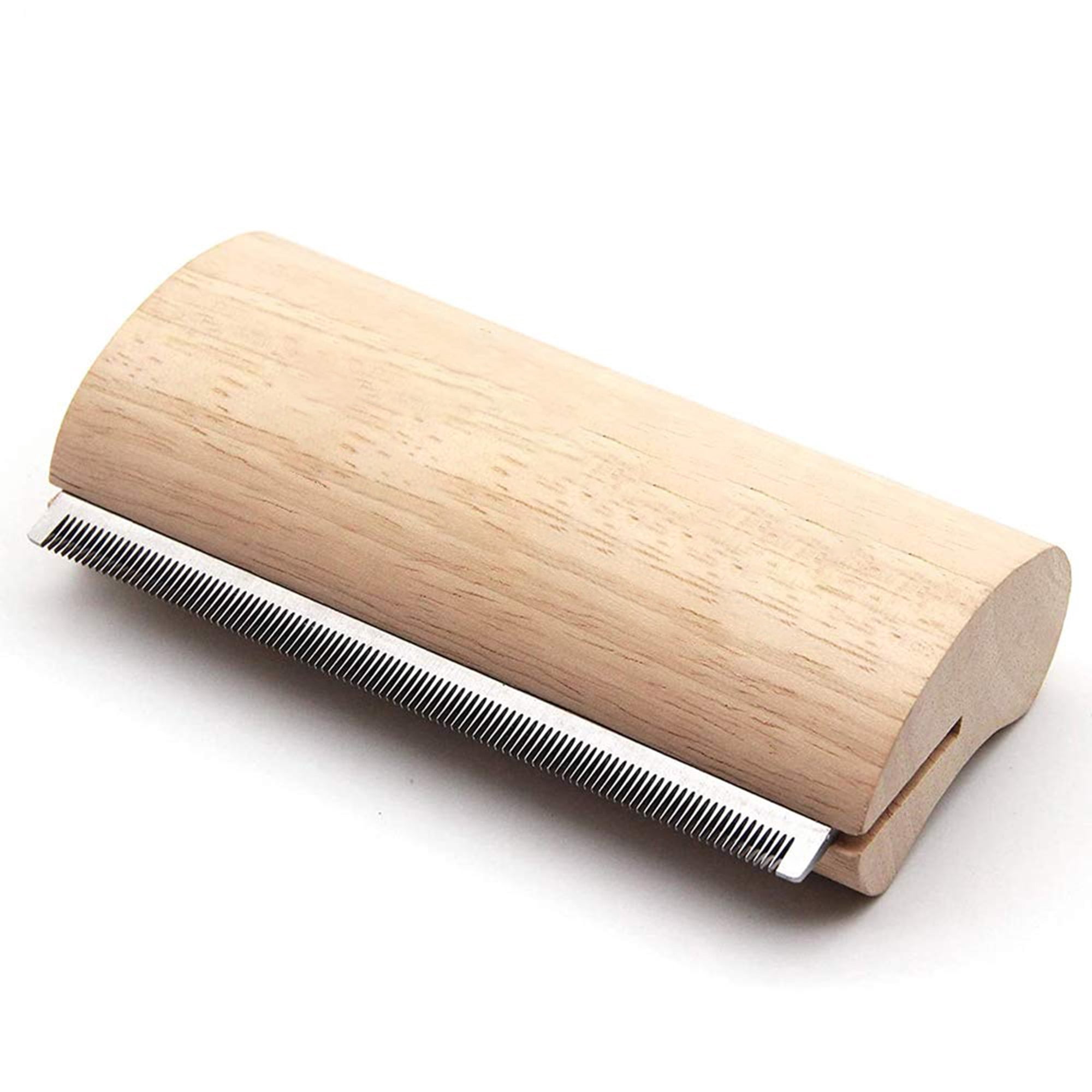 Pet deshedding tool for dogs, cats, horses. Professional grooming brush with ergonomic wood handle. Painless fur remover for short/long hair. Reduces shedding on furniture/floors.Self-cleaning. Brown