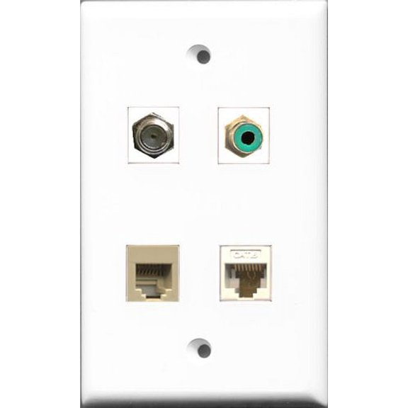 RiteAV 1 Port RCA Green and 1 Port Coax Cable TV- F-Type and 1 Port Phone RJ11 RJ12 Beige and 1 Port Cat6 Ethernet White Wall Plate