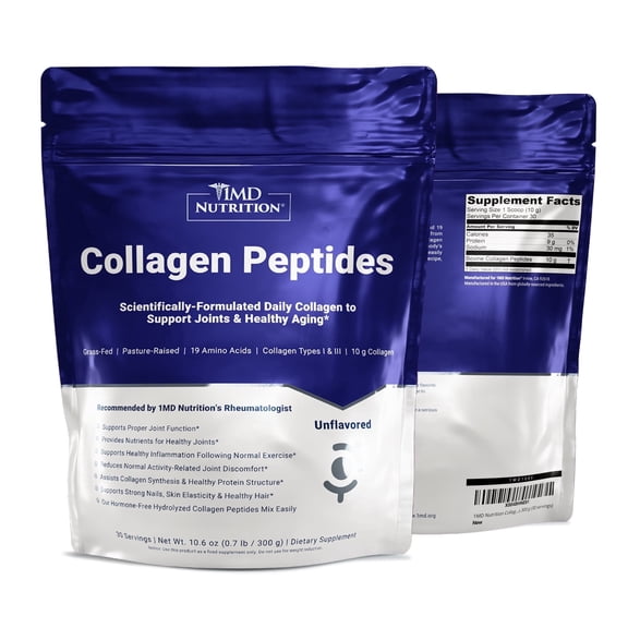 1MD Nutrition Collagen Peptides - Hydrolyzed Collagen Powder Types I & III for Women & Men - Joint, Hair & Nail Support - Unflavored - 30 Servings (2-Pack)
