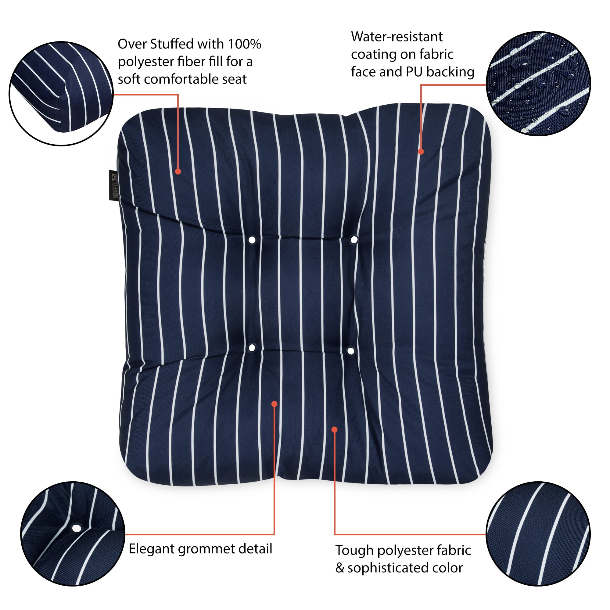 Classic Accessories Patio Seat Cushion, 2 Pack, Classic Navy, Stripe, 19"W