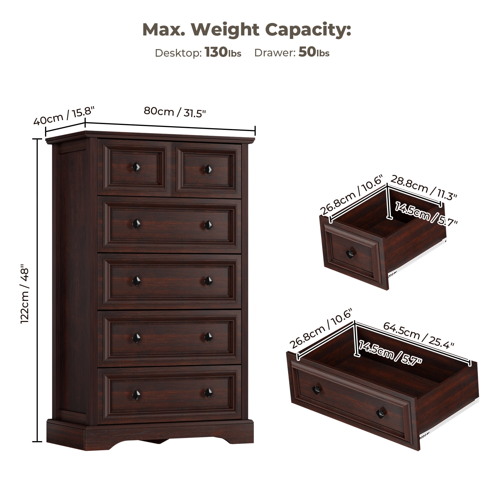 Winkalon 6 Drawer Tall Dresser, 48"H Chest of Drawers, Wooden Storage Cabinet for Bedroom, Cherry