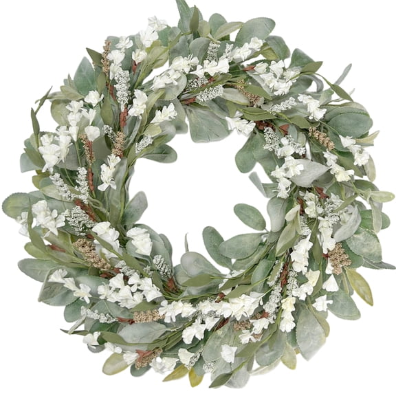 24 Inch Summer Spring Ivory Flowers Wreath for Front Door, Everyday Lamb Ears Leaves Wreath with White Artificial Flower for Indoor and Outdoor, Rustic and Farmhouse Greenery Flower