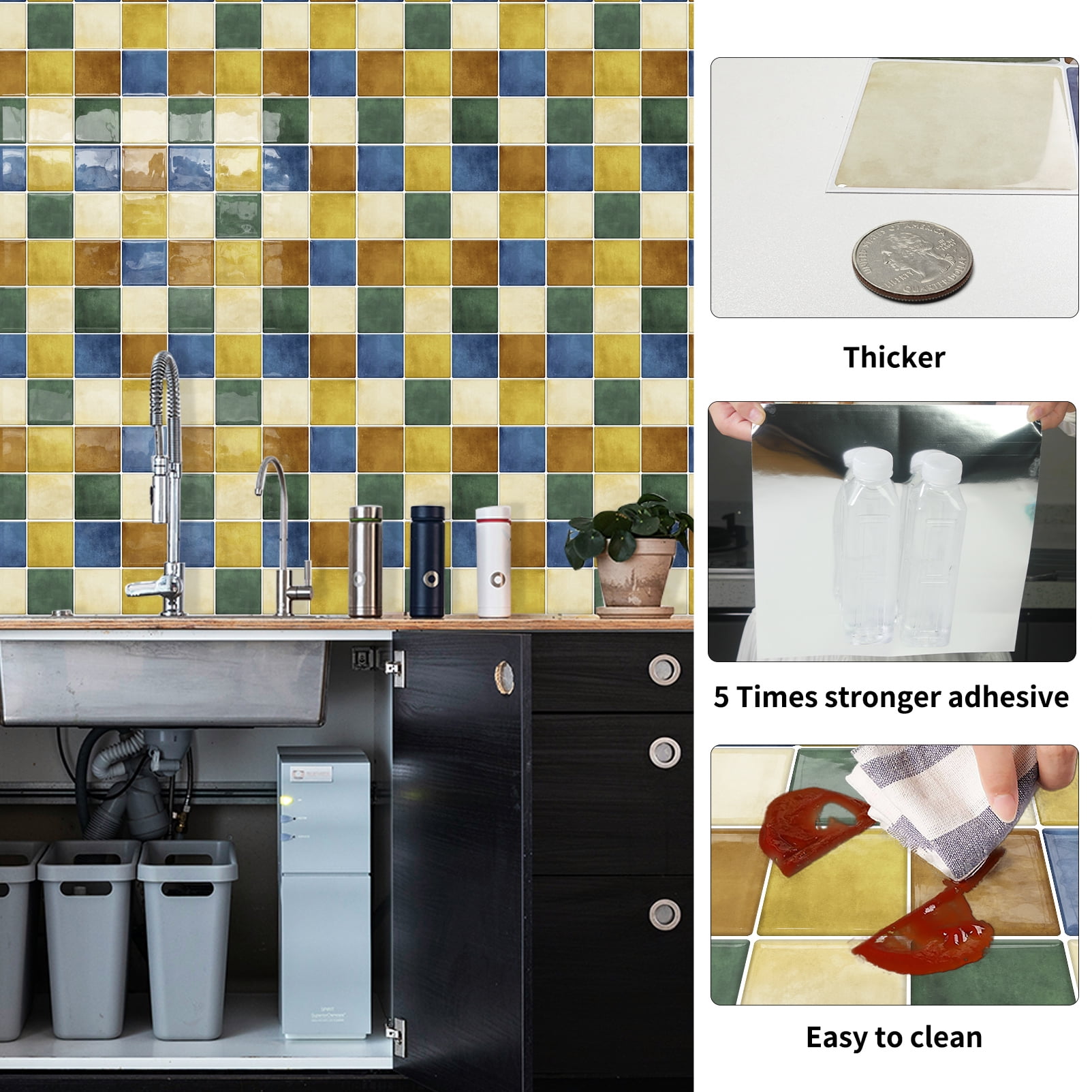 DEWOO Peel and Stick Backsplash Tiles Kitchen Bathroom Square Self Adhesive Wall Tile Checkerboard Checkered Stickers,Multicolor (10-Sheet, 12"×12")