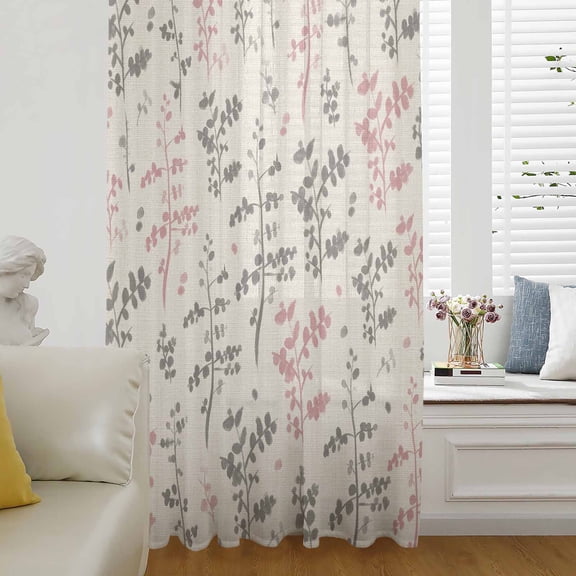 Pink Grey Botanical Sheer Curtains 63 Inches Long for Living Room/Bedroom, Rustic Country Spring Floral Summer Leaf Rod Pocket Voile Kitchen Curtains & Drapes Window Treatment 1 Panel, 52"W x 63"L