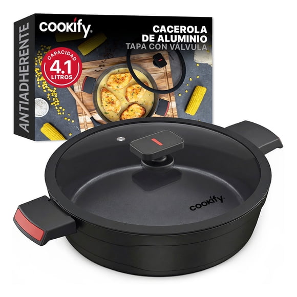 Olla Cacerola de Aluminio con Revestimiento Antiadherente Libre de PFOA Cookify (Color Negro, 28 cm)