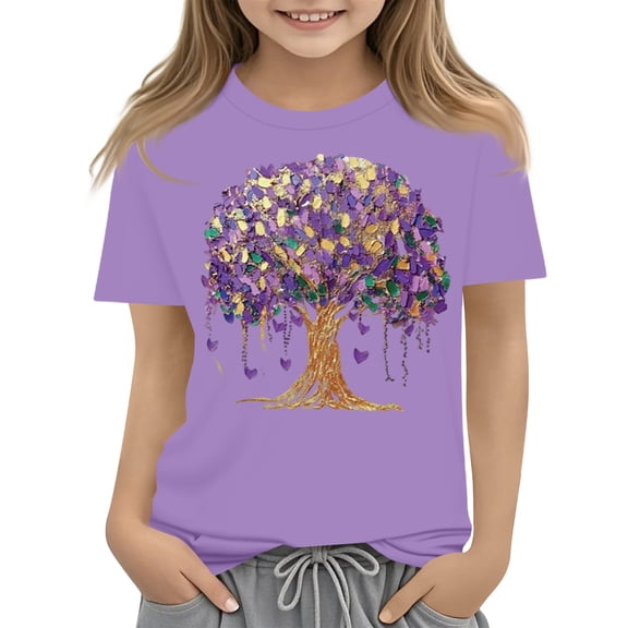CCRFTGI Mardi Gras Shirt for Children Girls Size 10-12 Funny 0 Shirts Trendy Beads Tee Party Crew Neck Gift T-Shirt Purple 3-4 Years
