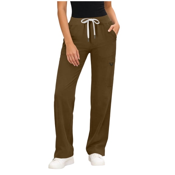 cocolona Womens Summer Casual Wide Leg Pants Solid Color Elastic Waist Straight Workout Gym Yoga Trousers with Pockets