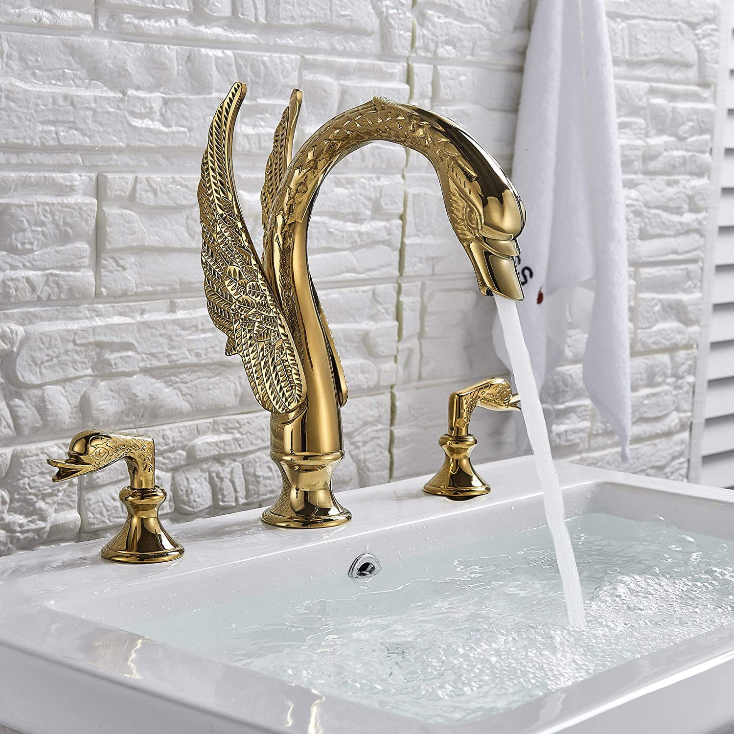 Brushed Nickel Bathroom Sink Faucet Swan Design 3pcs Dual Handle Basin Mixer Tap 