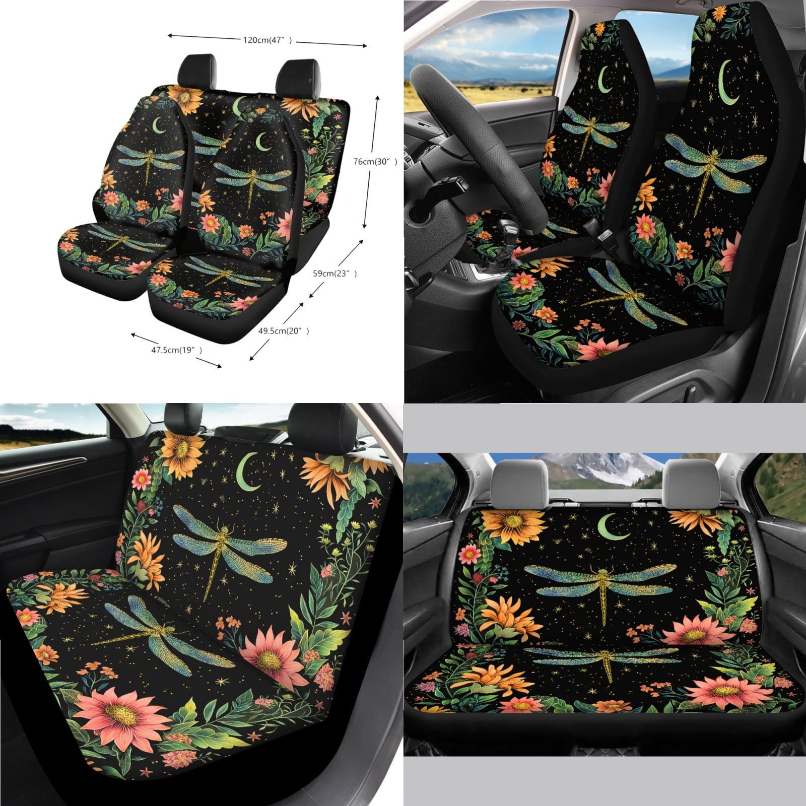 Jeiento Dragonfly Car Seat Cover Set 14 PCS with Steering Wheel Cover Seat Belt Pads Waste Basket Bin Flowers Rearview Mirror Cover Cup Holder Center Console Cover Handbrake Cover Gear Shift Cover