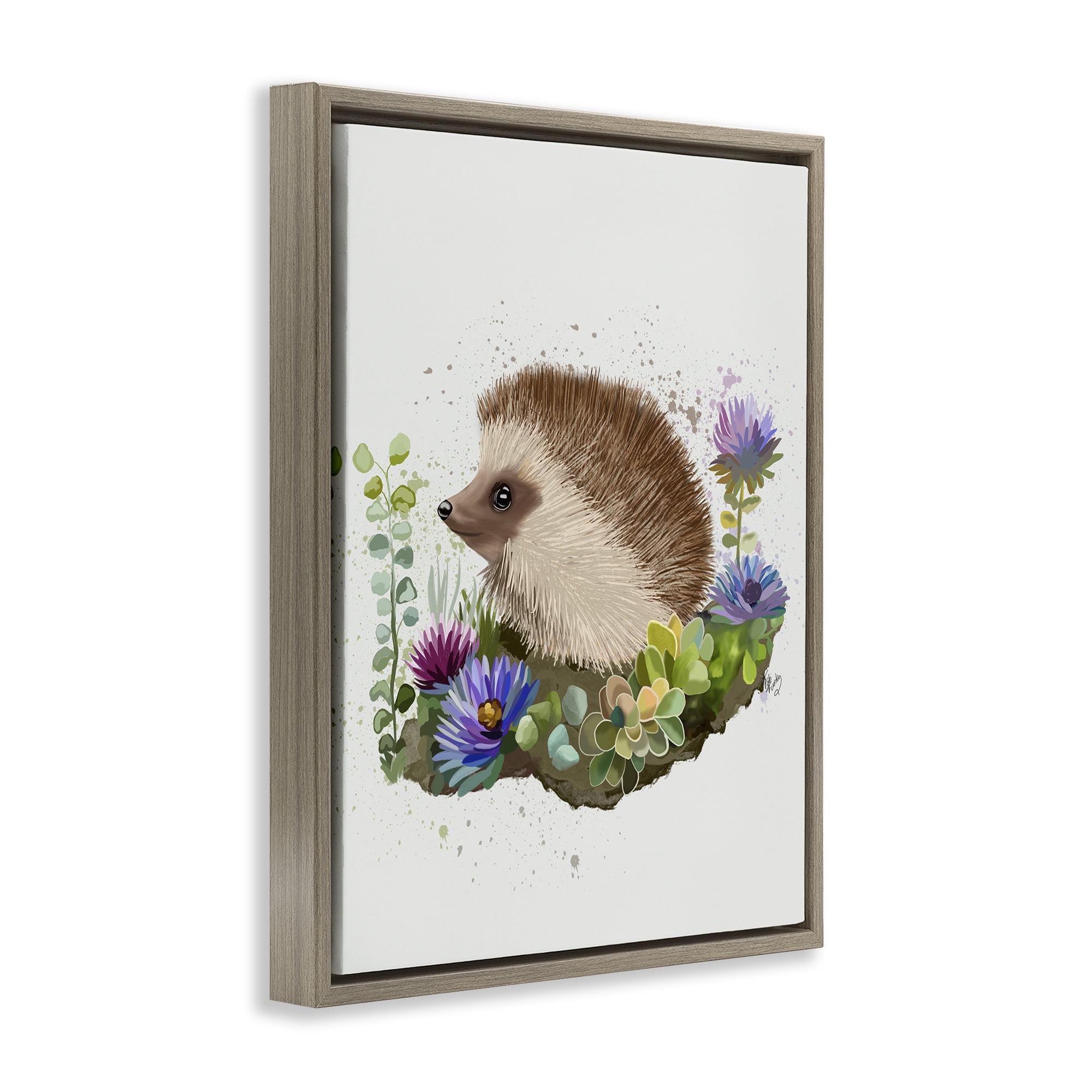 Stupell Industries Hedgehog in Garden Animals & Insects Painting Brown Floater Framed Canvas Art Print Wall Art, 17 x 21