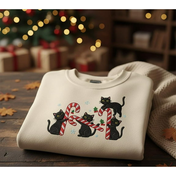 Custom Christmas Cat Sweatshirt Embroidered Black Cats with Candy Canes Holiday Cozy Sweater