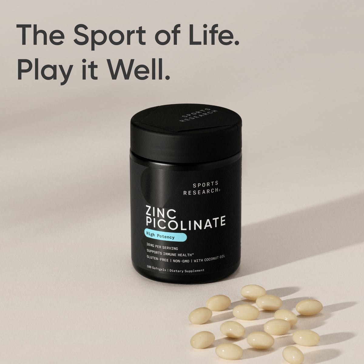 Sports Research® High Potency Zinc Picolinate 30mg Organic Coconut Oil Gluten Free (180 Softgels)