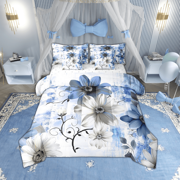 7pcs Watercolor Daisy Bedding Full Size Chic Flower Floral Comforter Set Women, Watercolor Oil Painting Bedding Comforter Sets Ombre Gradient Bed in a Bag, Navy Blue Bedding Accessories
