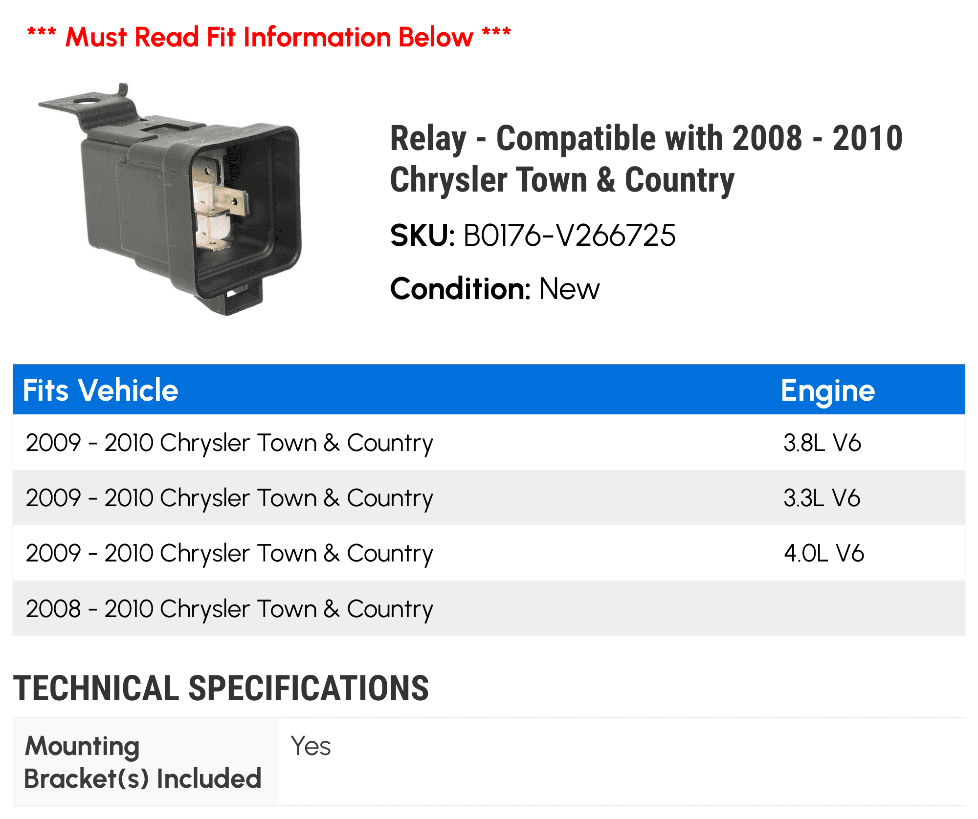 Relay - Compatible with 2008 - 2010 Chrysler Town & Country 2009