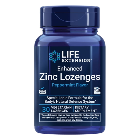Life Extension Enhanced Zinc Lozenges, zinc acetate, optimal immune support, strong immune response, ionic zinc, non-GMO, gluten-free, vegetarian, 30 lozenges
