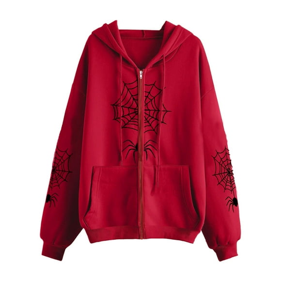 Wangscanis Unisex Vintage Hoodies Punk Spider Web Print Zipped Hooded Sweatshirts Grunge Long Sleeve Loose Coat for Autumn